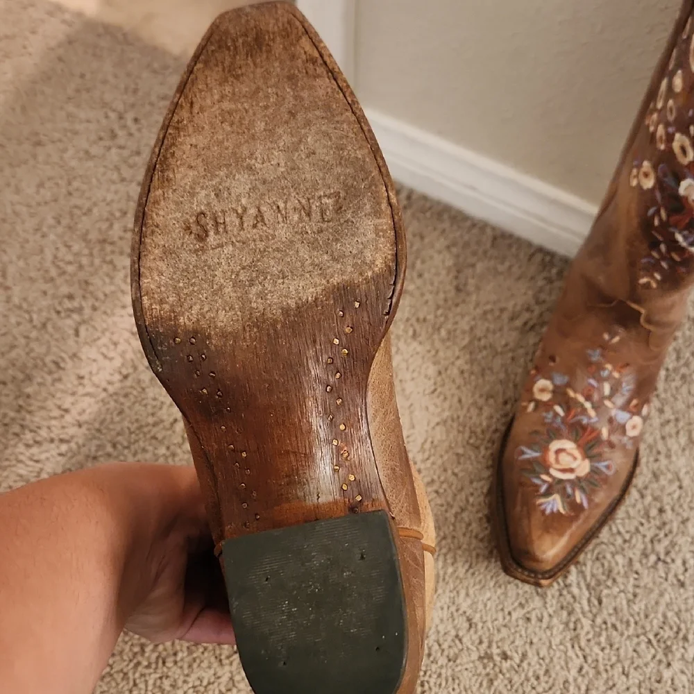 Shyanne Floral Embroidered Tan Heeled Boots - Picture 3 of 6